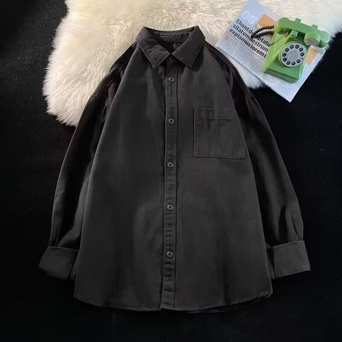 Men's Long-Sleeve Solid Color Base Shirt, Spring and Autumn Season, High-End American Casual Style Inner Wear, White and Black Simple Blouse