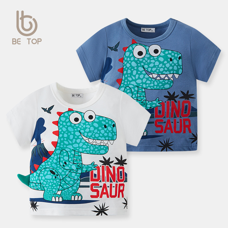 Ropa infantil 2025, camiseta de verano de manga corta con diseño de dinosaurio 3D para niños pequeños, top de punto, venta al por mayor de una sola pieza.