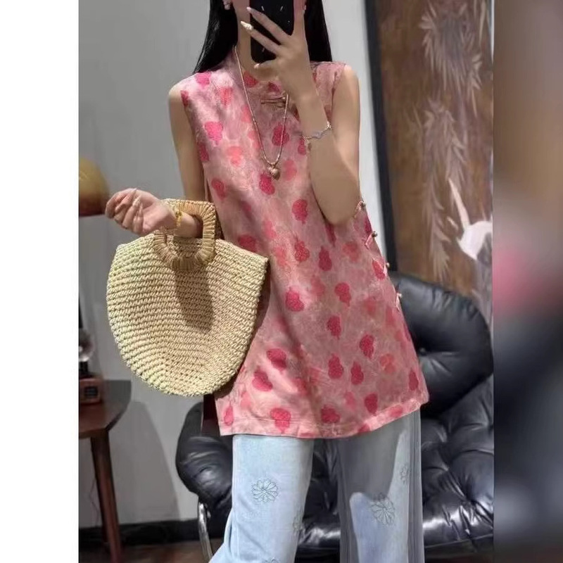 Pink Fulu Xiangyun Silk Sleeveless Top, Pink Color, 2026 Summer New Fashion Chinese Style Shirt Blouse for Women