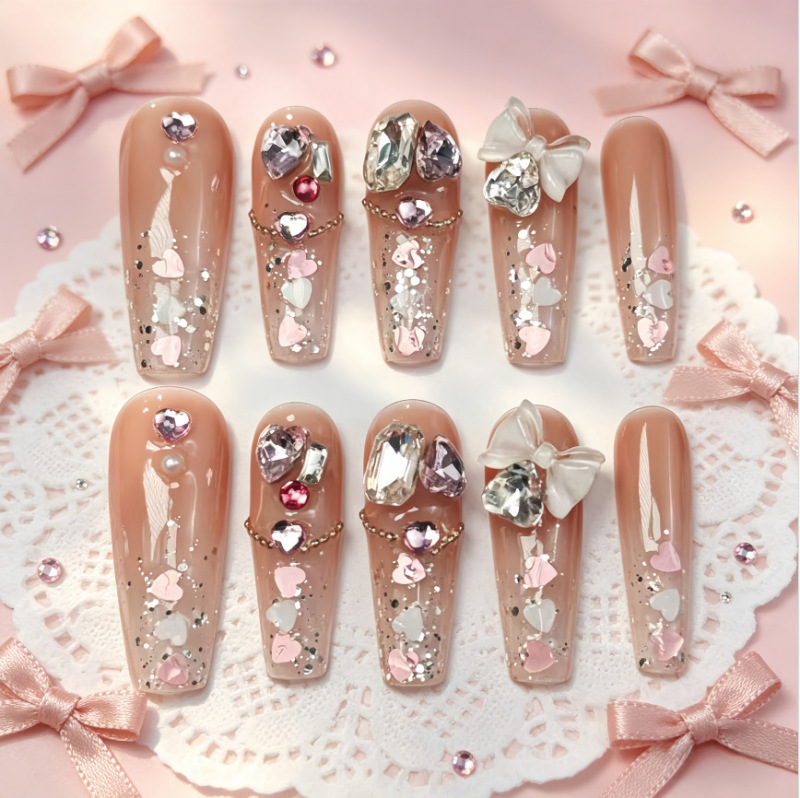 Zircon Heart-Shaped Sequins Handmade Wearable Nails with Bowknot, Pure Desire Style, Long Ins-Style Nail Art with Rhinestones, Light Luxury Zircon Heart-Shaped Sequins Handmade Wearable Nails with Bowknot, Pure Desire Style, Long Ins-Style Nail Art with Rhinestones, Light Luxury
