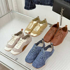 广州女鞋外贸2025时尚反绒拼色麂皮电绣系带方头平底德训鞋休闲潮