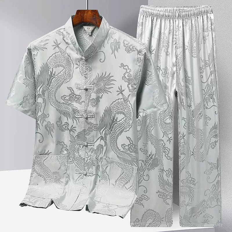 Мужской костюм Тан, рубашка из ледяного шелка с короткими рукавами, костюм для людей среднего и пожилого возраста, новый китайский стиль, династия Хань, папа и дедушка, утренняя зарядка, костюм для тай-чи, лето