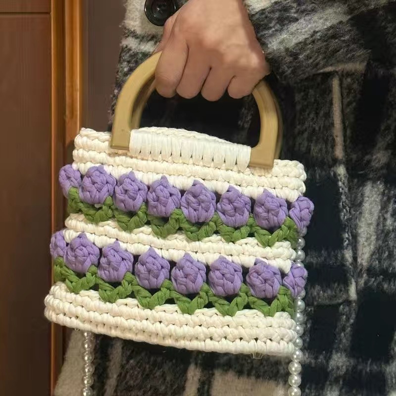 Bolsa de tejido DIY hecha a mano, bolsa de Tulip, tela casera, línea de ganchillo, bolsa de material DIY