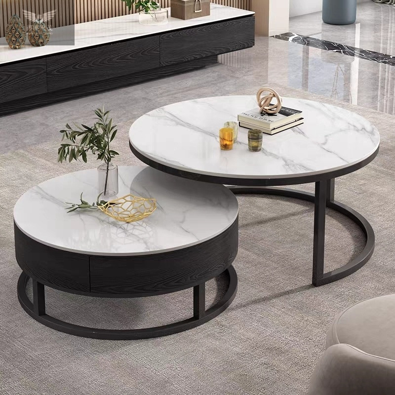 Luz y lujo moderno y simple nórdico brillante tablero de roca de alta calidad mesa de té gabinete de televisión combinación de pequeña casa mesa redonda
