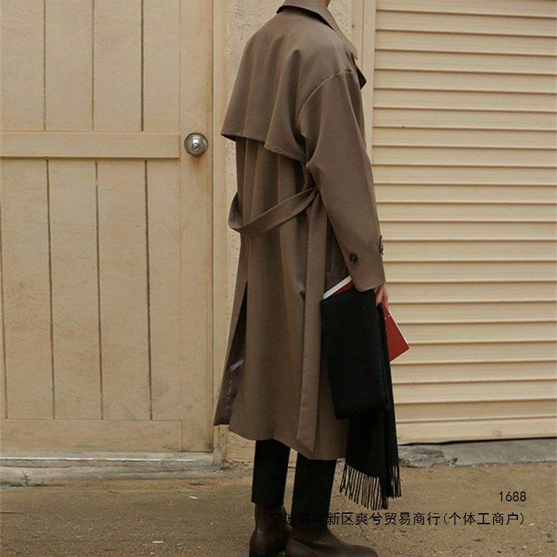Korean style trench coat for men, mid-length, over-the-knee, loose fit, British style, double-breasted, thickened, trendy casual coat for autumn and winter.