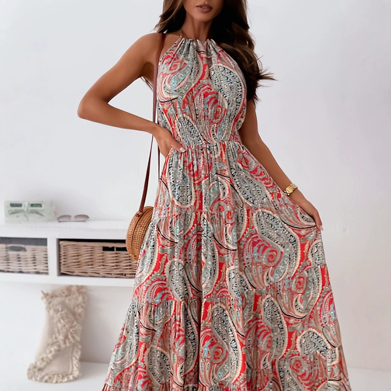 2025Ebay Aliexpress Wish New Fashion Sexy Floral Backless Halter Dress Bohemian Long