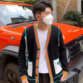 新款拼接撞色V领开衫针织外套男士秋冬潮流时尚百搭宽松针织毛衣
