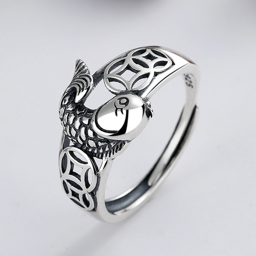 Yunchaoxuan S925 sterling silver ethnic style koi fish ring fashionable personality retro money ring for women