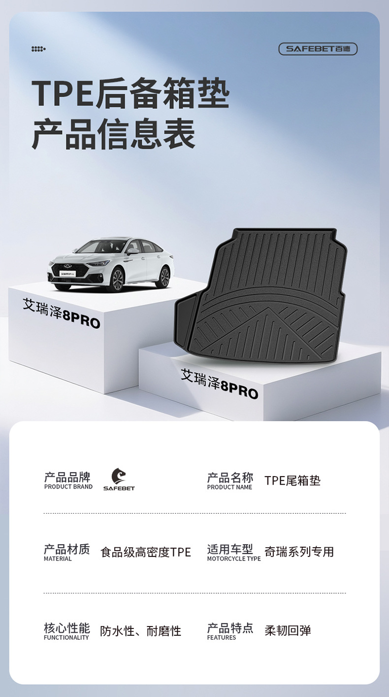 Suitable for Chery Tiggo 8, Arrizo 8, iCAR V23 all-weather special TPE car trunk mat