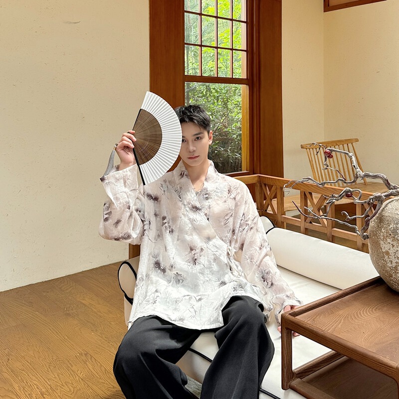 New Chinese Style Early Autumn Improved Version of Oblique Lapel Lace-Up Zen Design Loose Shirt Men's National Style Floral Long-Sleeved Cardigan Trendy