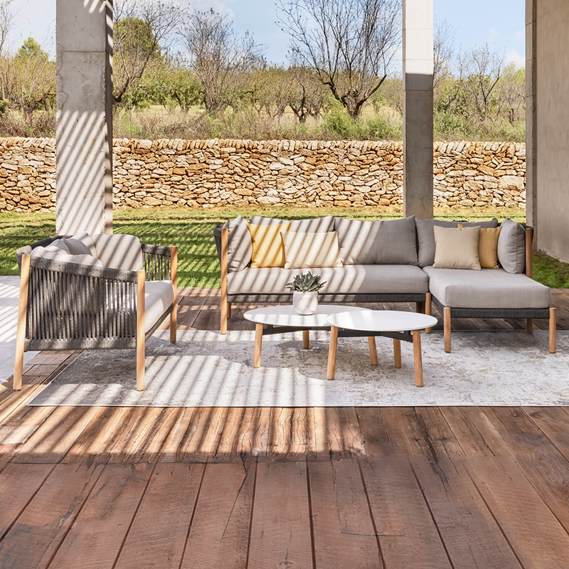 Sofá de madera maciza para exteriores, para patio, jardín, hotel, villa, ocio al aire libre, teca anticorrosión, muebles resistentes al agua y a la intemperie.