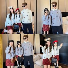 韩版亲子装一家三口针织开衫母女母子毛衣刺绣小狗纯棉婴儿爬服潮