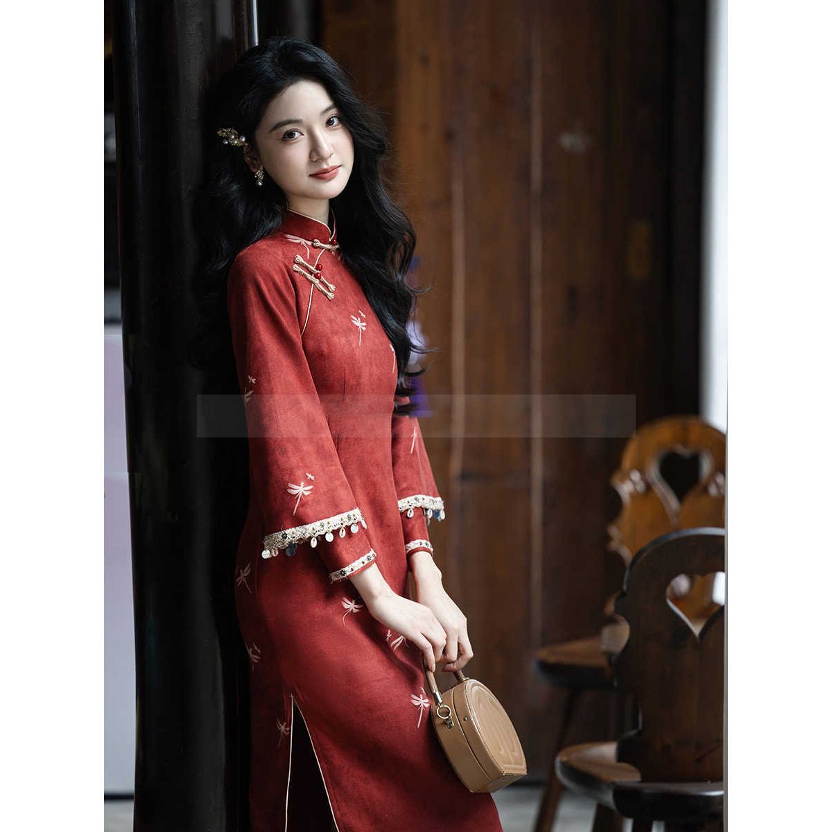 Red Cheongsam for Women, New Chinese Style 2025, Engagement Autumn Long-Sleeve Toast Dress, Suzhou Young Style, Suitable for Daily Wear