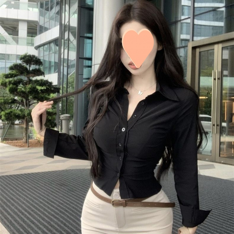 白色辣妹褶皱收腰纯欲上衣新款设计显瘦修身长袖衬衫别致上衣衬衣|undefined