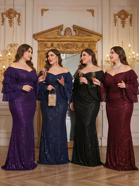 Real Shot of Cross-Border Plus-Size Women's Fashion: European and American Style Off-Shoulder Dress with Layered Sleeves, Elegant and Graceful Bridesmaid Dress for Curvy Women, Slim-Fit Dress