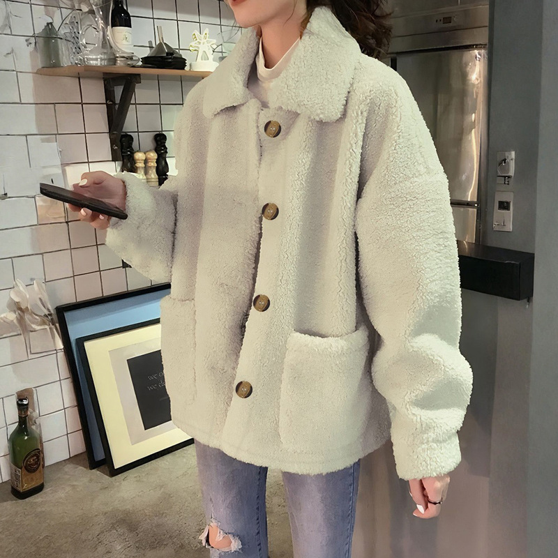 Cross-Border Foreign Trade Autumn and Winter Gentle Style Warm Loose Lapel Single-Breasted Design Lamb Wool Coat for Women