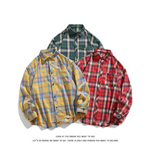 2025外贸新款男士复古格子长袖衬衫大码翻领休闲宽松衬衣男小外套