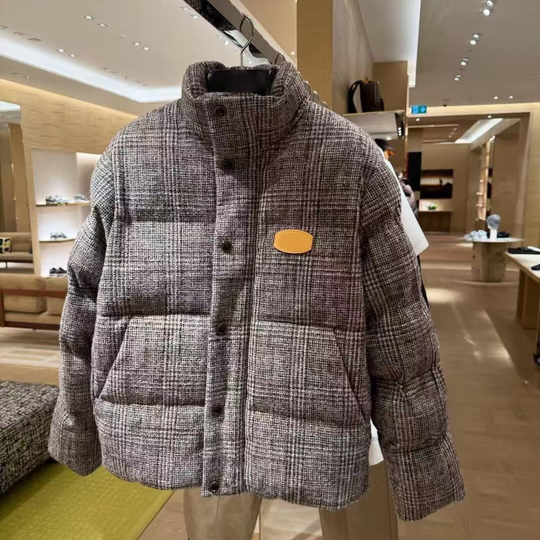 Top-tier 2025 Winter Stand Collar Plaid Tweed Waist-cinching Down Cotton Jacket for Men and Women, Puffer Jacket