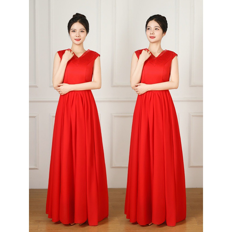 New choir dress, long gown, adult dance group performance costume, women's annual meeting host red short-sleeve dress