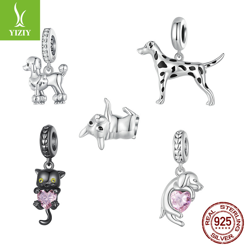Silver charm animal series cute dog s925 silver bracelet beaded plating black cat Golden diy pendant accessories