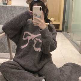 2026新款蝴蝶结冬季大码软绵绵半边绒睡衣女款简约秋冬加厚家居服