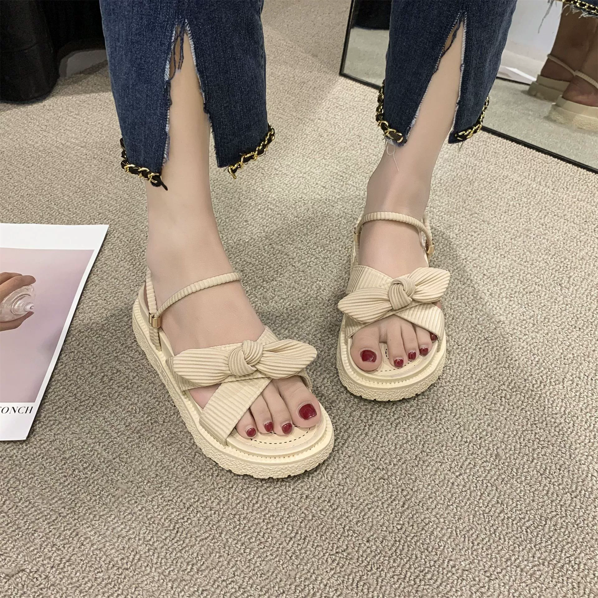 Сланцы на пляже Slide Sandals, платформа с бантом, женские летние пляжные сабо, размеры 35–40