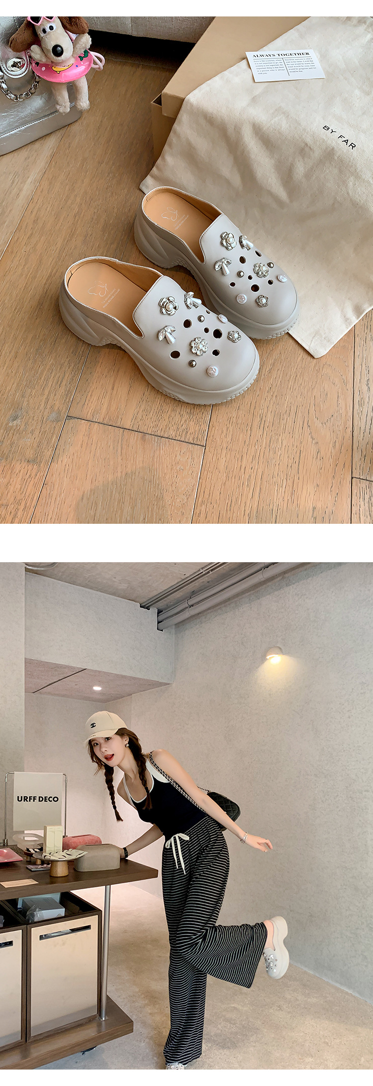 Dép lê bít mũi độn cao da thật 7cm cho nữ, phong cách sandal lỗ xốp mùa hè, đính ngọc trai đinh tán — Màu trắng, Màu xám chi tiết 20