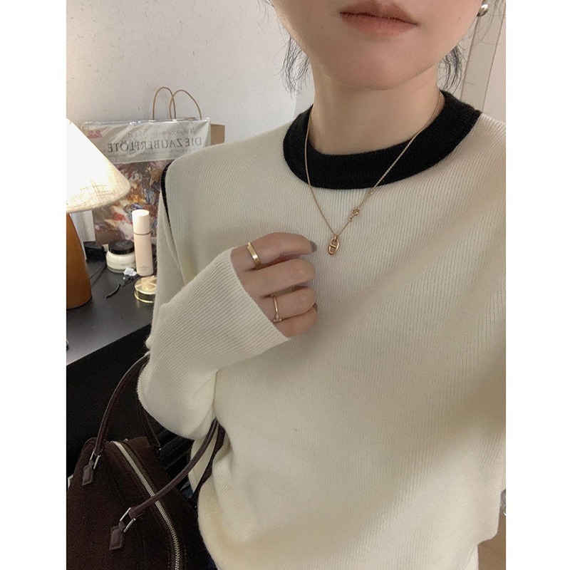 高级感拼色圆领针织打底衫女早秋季修身套头软糯毛衣内搭长袖上衣|undefined