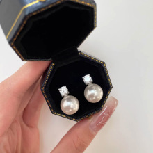 s925纯银施家人造珍珠真多麻灰仿南洋金珠轻奢高级感戴妃耳钉耳饰