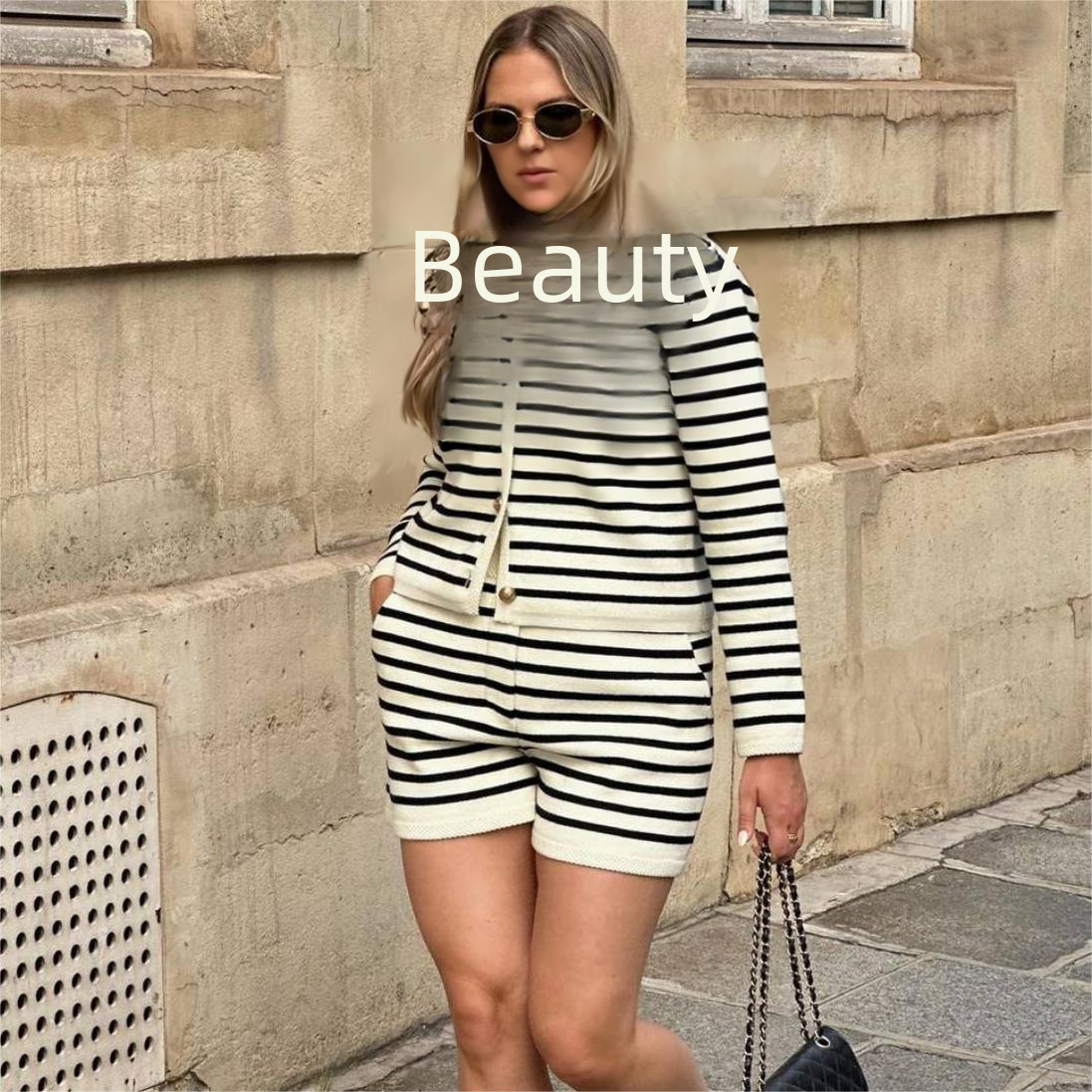 유럽과 미국의 대외 무역 새로운 여성 의류 AMAZON  뜨거운 판매 스트라이프 라운드 넥 니트 가디건 유행 캐주얼 스웨터