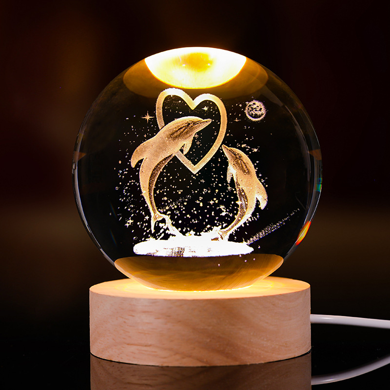 Bola de cristal luminosa lámpara de noche 3D esculpida estrella base de madera sólida regalo de cumpleaños decoración de escritorio creativa