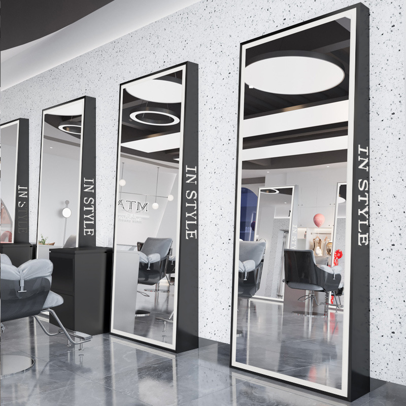 Barbería espejo salón especial espejo barbería piso corte de pelo red rojo doble cara con lámpara contra la pared escaldado espejo de marea