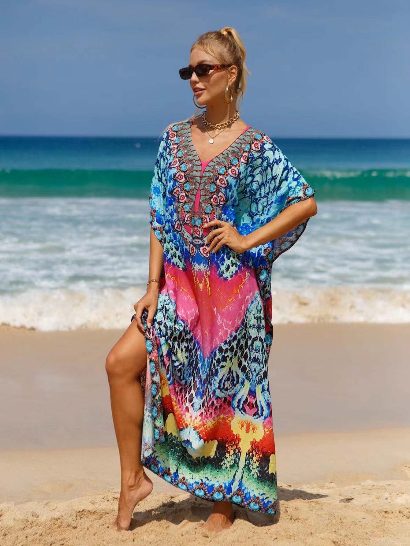 19 colores transfronterizos europeos y americanos populares rayón playa blusa Bohemia playa vestido más tamaño vestido 511