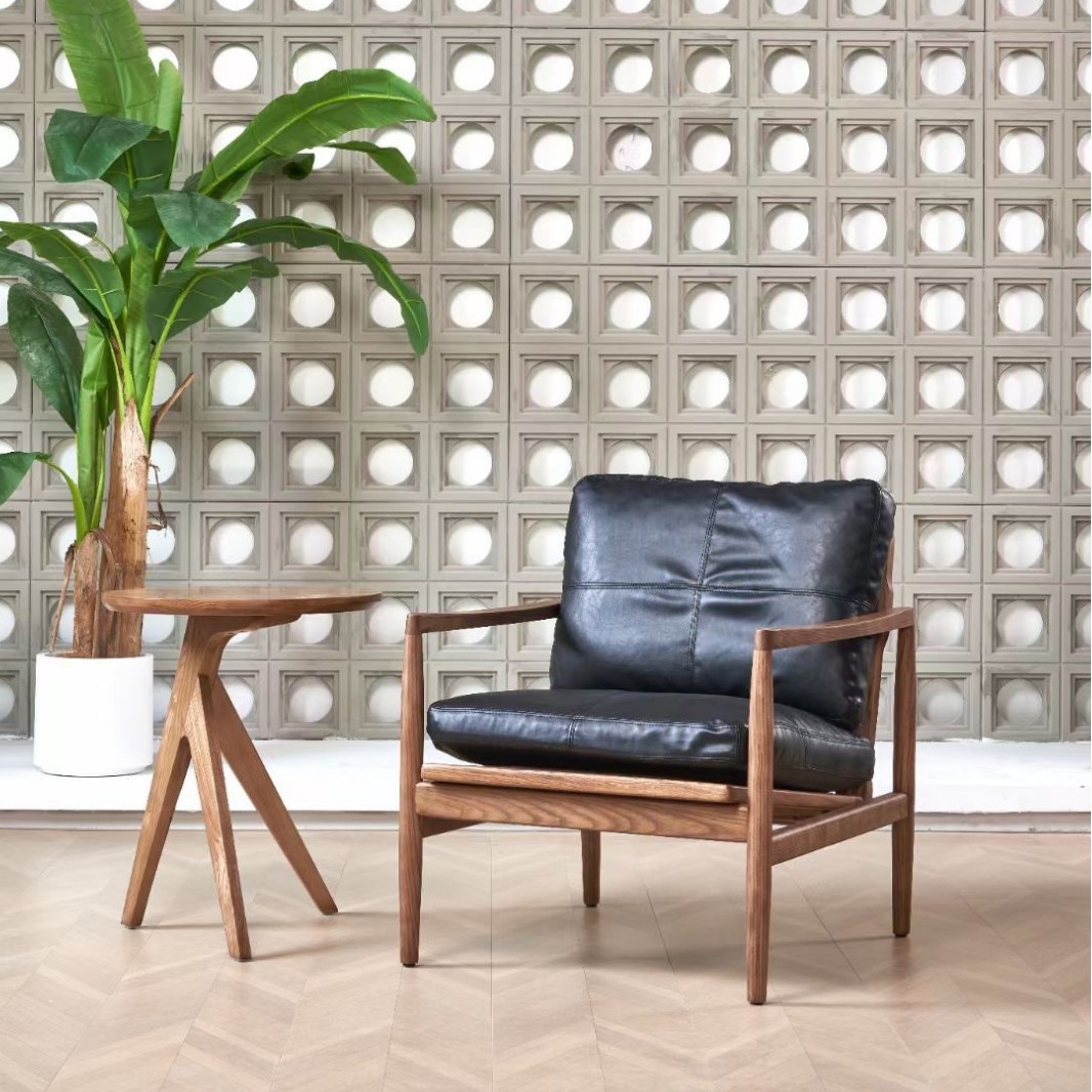 Silla de ocio de madera maciza perezosa de mediana edad, sofá individual de diseño de madera de fresno, silla Hank, silla de tienda de té con leche de café