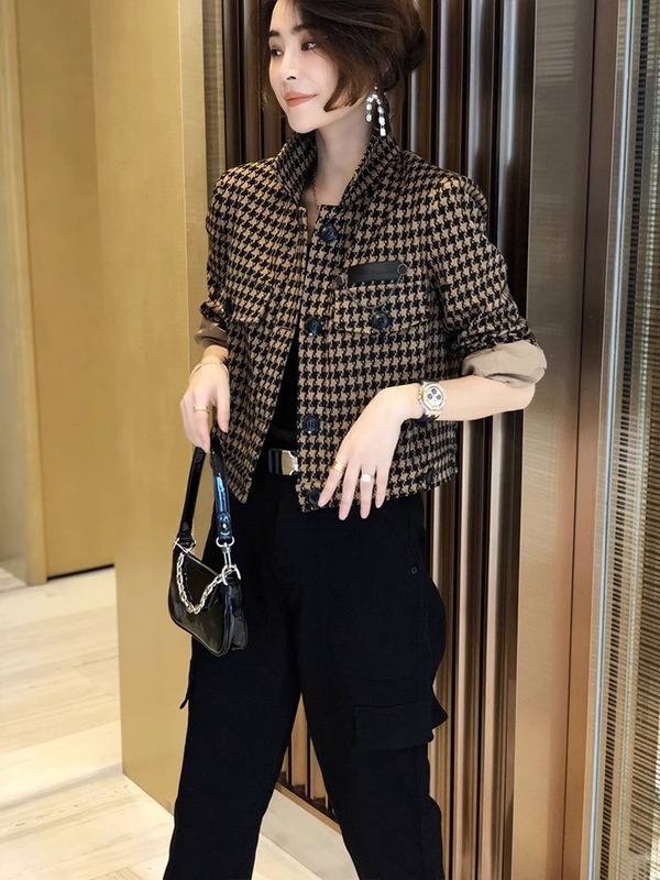 千鸟格短款外套女2025年秋装新款时尚小个子长袖夹克洋气休闲上衣|undefined