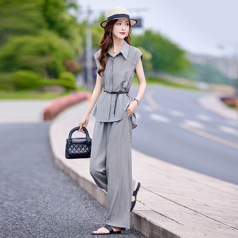 ノースリーブシャツとワイドパンツのツーピーススーツ、女性用夏の新しいスタイル、スリムでファッショナブル、年齢を軽減する衣装の完全なセット|undefined