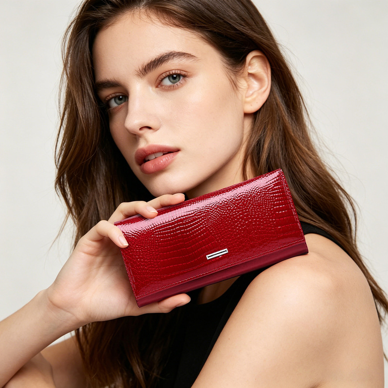 Genuine Leather Wallet for Women, Russian Patent Leather Style, High-End Feel, Multiple Card Slots, Men's Cross-Border Wallet