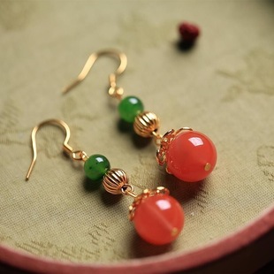 Natural South Red Agate Long Earrings Women's Summer Elegant High-end Chinese Style Earrings Festive Earrings