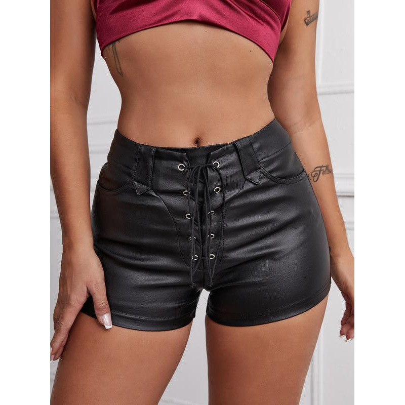Y 97532 Low Waist Strap Pu Leather Shorts Low Waist Tie Strap Pu Leather Shorts