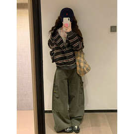美式复古拼接条纹开衫拉链卫衣女春季宽松设计感显瘦百搭慵懒外套