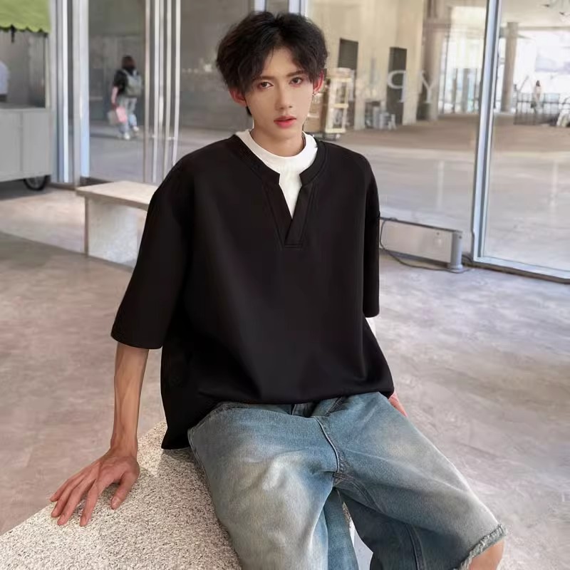 melange gray Fake Two-Piece Shoulder V-Neck T-Shirt Trendy Brand Boys Summer Wear Short-Sleeved Sweaters ootd American Half-Sleeve