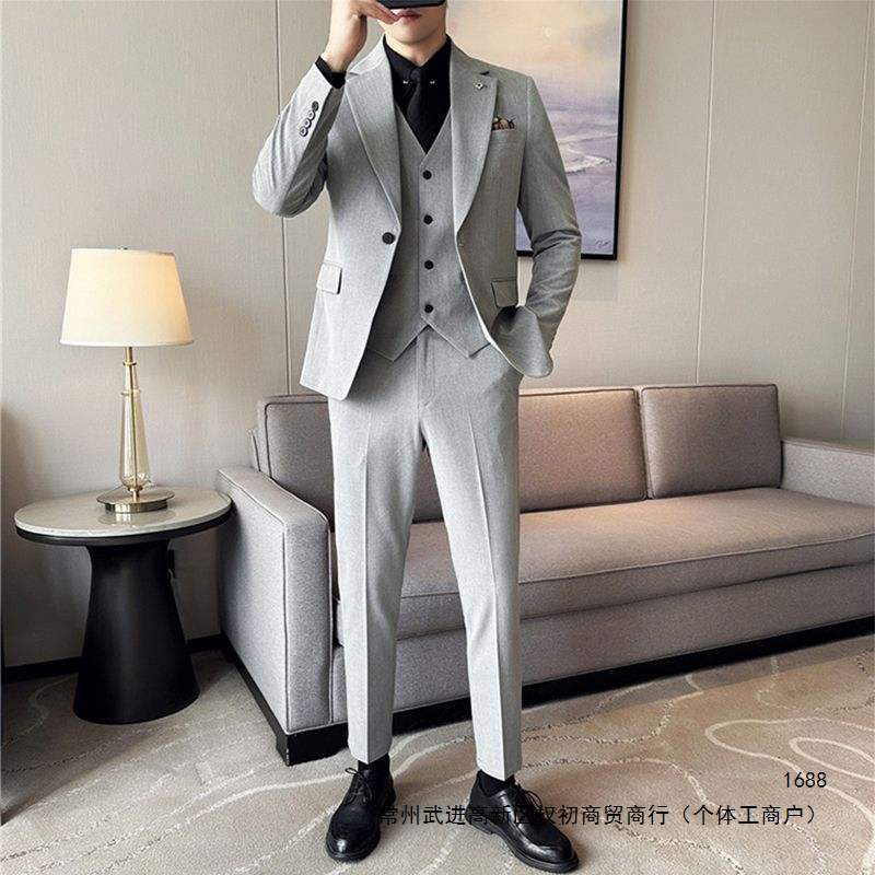 西服套装男士感正装痞帅新郎结婚礼服浅灰色商务休闲西装外套