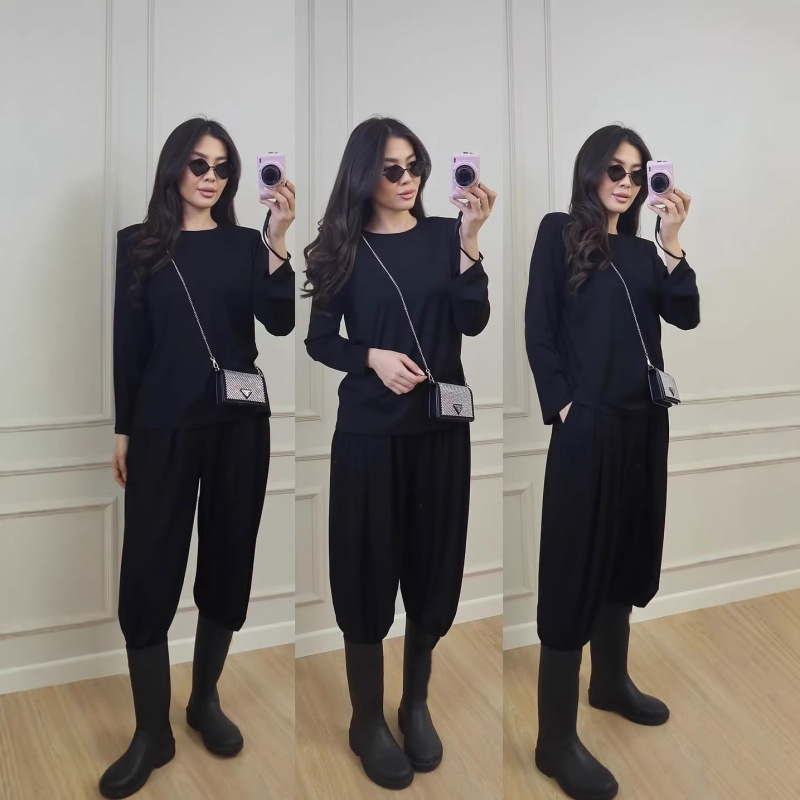 2026 Spring and Autumn Knitted Women's Solid Color Hot Girl Long Pants Set Outdoor Sports Casual Long Sleeve Comfortable Two-Piece Set
