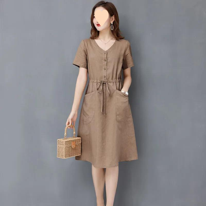 Cotton and Linen Dress 2025 Summer Stylish and Elegant Waist-Cinching Slimming Mid-Length Linen Dress Trendy Cotton and Linen Dress 2025 Summer Stylish and Elegant Waist-Cinching Slimming Mid-Length Linen Dress Trendy