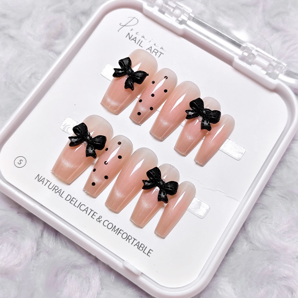 Polvo desnudo, arco negro, manicure dulce, lindo y juguetón, uñas de 10 piezas, parches de uñas falsas. image 9