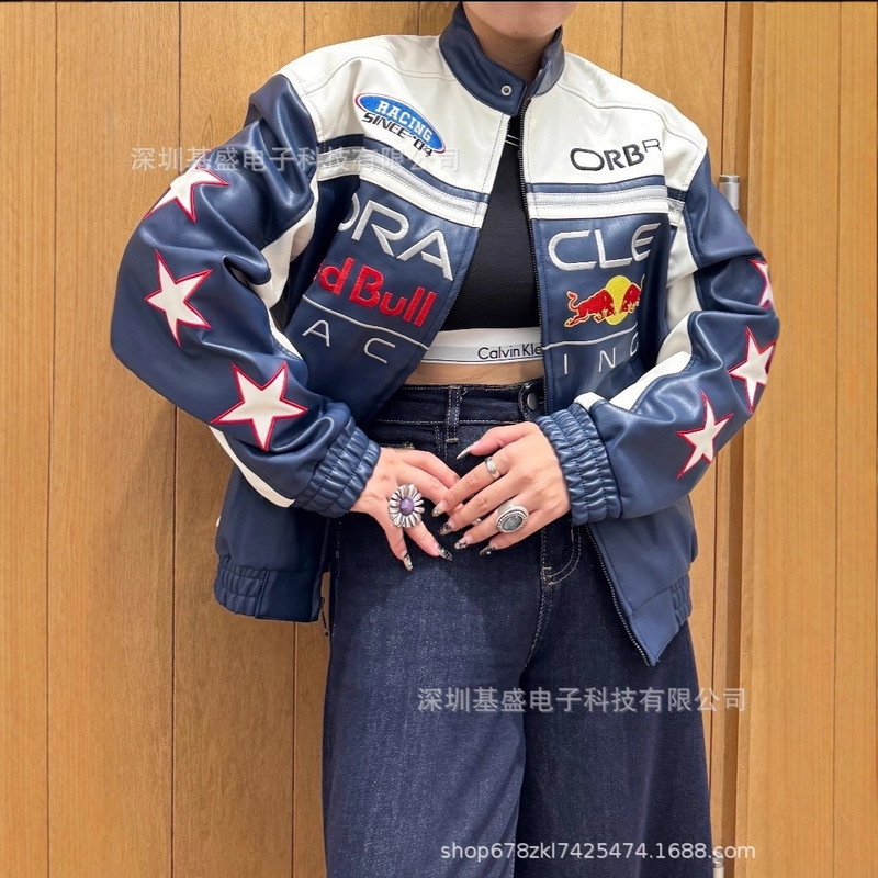 2025 New Hollister F1 Red Bull Co-Branded Leather Jacket with Heavy Embroider Jacket Can Be Customized