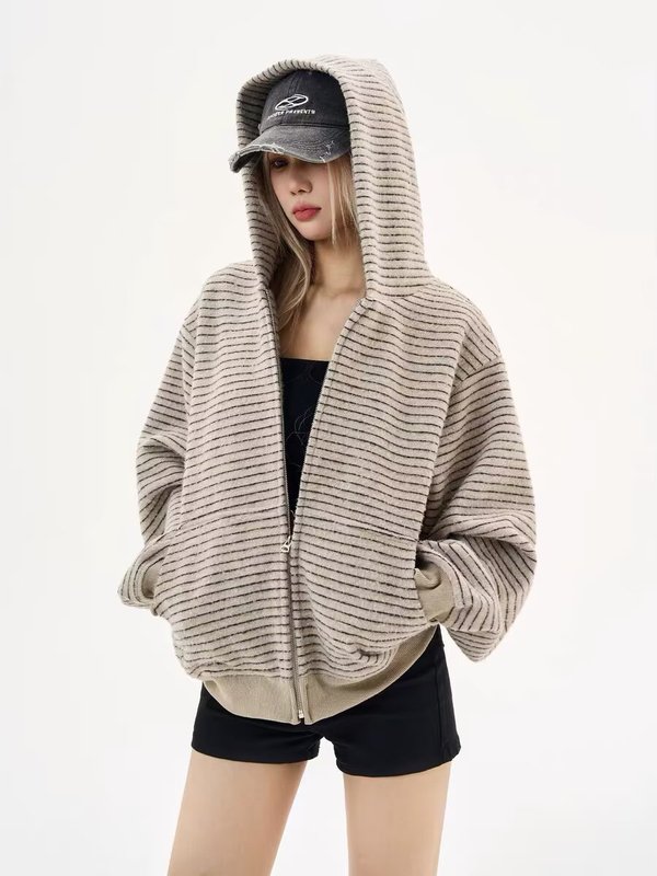 气质潮流慵懒时尚拉链外套条纹复合美式开衫连帽卫衣男女运动休闲|undefined