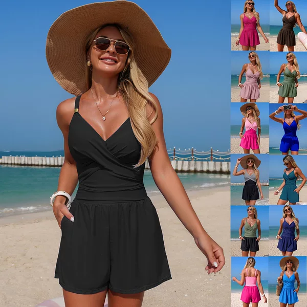2027 New Model Women's One-Piece Conservative Anti-Exposure Swimwear with Pockets, European and American Cross-Border Sports Wholesale