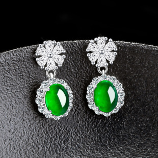 Natural A Goods Jade Yang Green Egg Ear Earrings Ice Jade S925 Silver Set Women's High-end Fashion Earrings