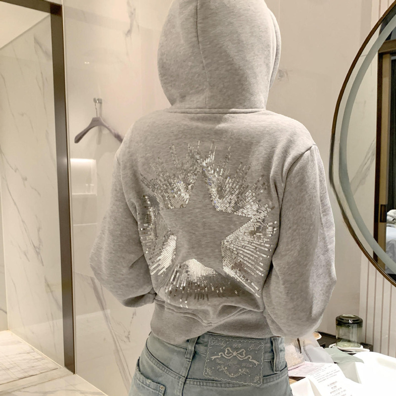 Gray Short Sweatshirt with a Stylish Design, 2026 New American Retro Style, Five-Pointed Star Sequin Hooded Sweatshirt Cardigan Jacket